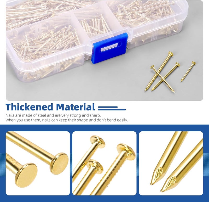 Glarks 500pcs 3/4’’ 1’’ 1-3/16’’ 1-1/2’’ Length Nail Assortment Kit, Golden Hanging Nails, Finishing Nails, Wall Nails, Wood Nails, Common Nails, Hardware Nails for Picture Wall Hanging - Image 4